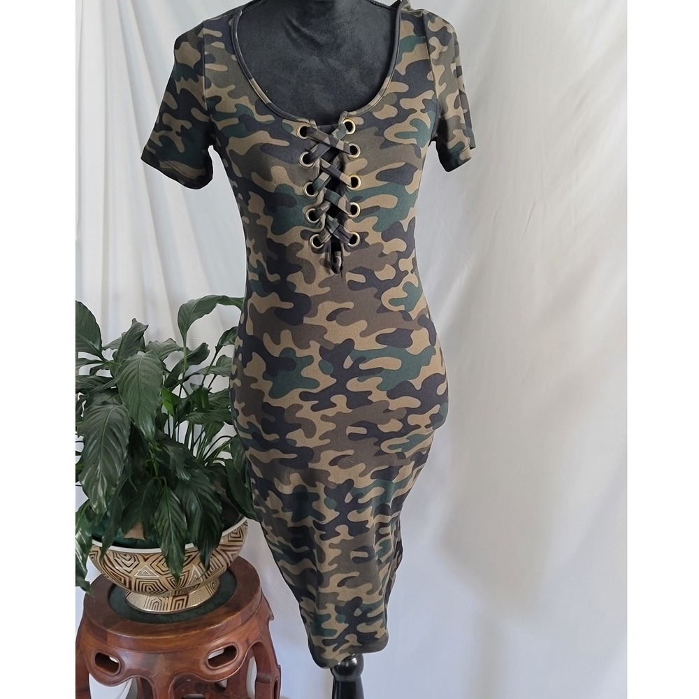 Popular‎ Basics Womens Camo Lace Up Front Bodycon Midi Dress Green Medium